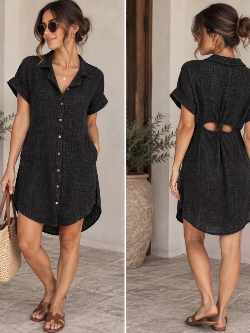 Anthropologie Black Button-Front High-Low Shirt Dress